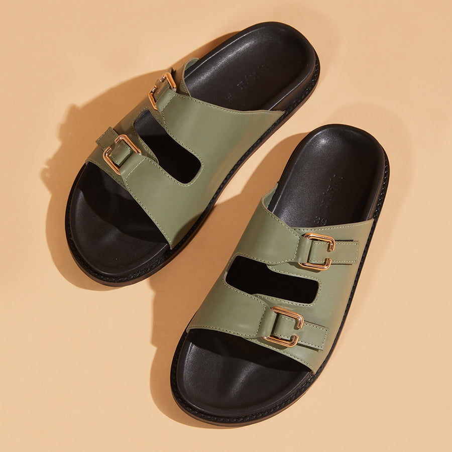 Olive Green Solid Buckle Sliders