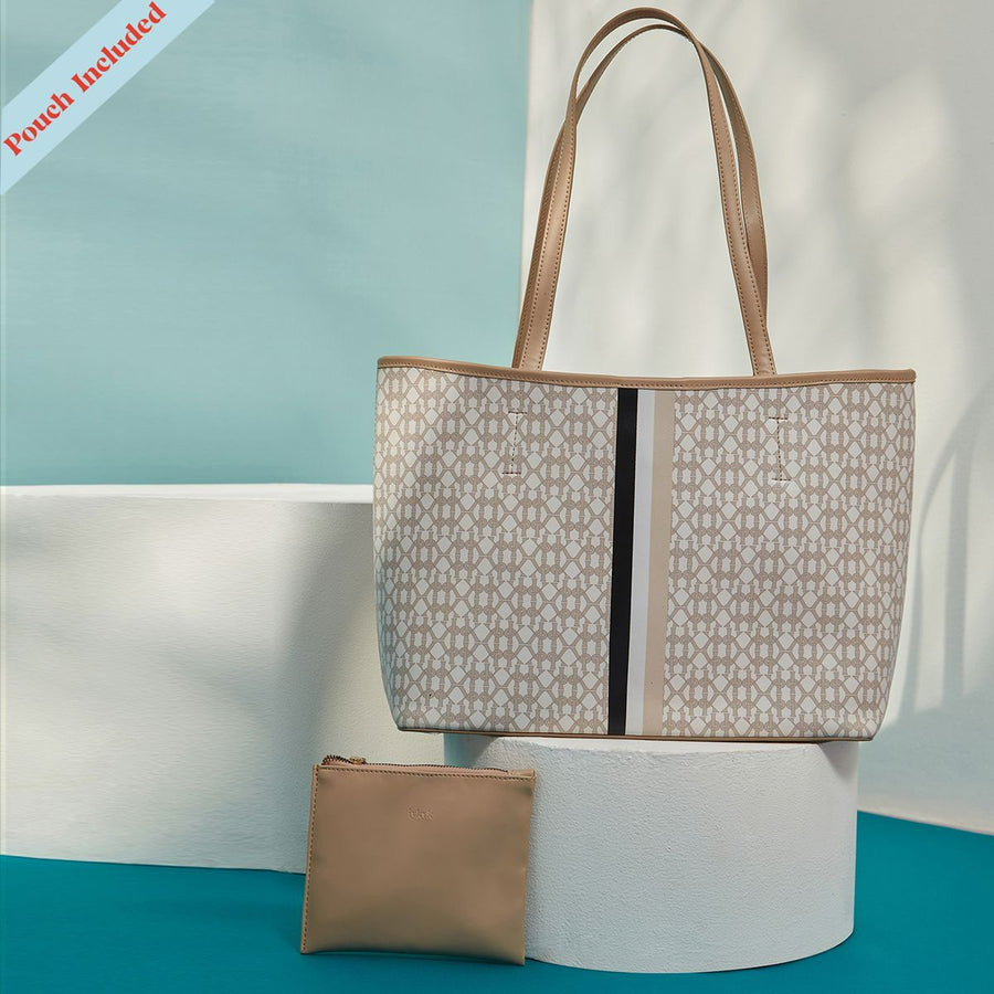 Alexis Beige and Brown Stripped Monogram Design Tote Bag