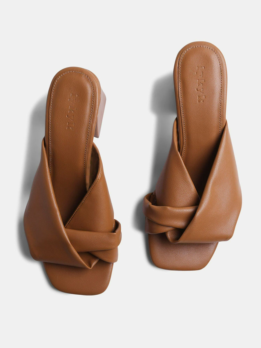 Trendy Tan Leather Fold Strap Block Heels