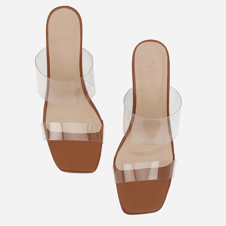 Clear Strap Tan Open-toes Block Heels