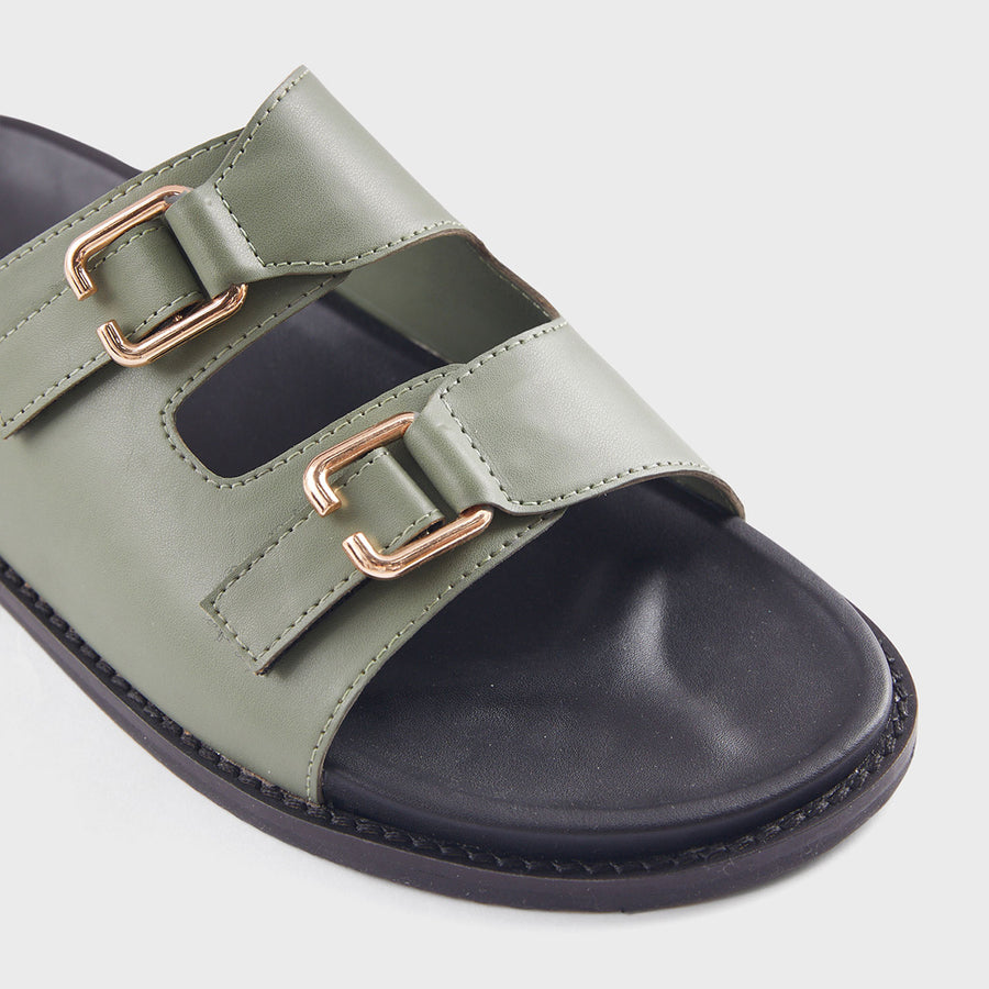 Olive Green Solid Buckle Sliders