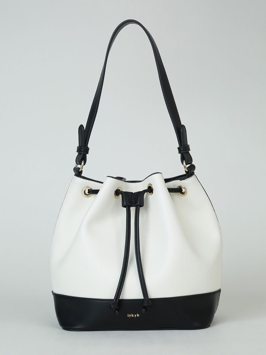 Solid Off White & Black Drawstring-closure Bucket Bag