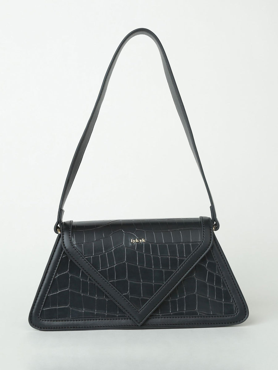 Chic and Compact Black Croc Textured Handbag