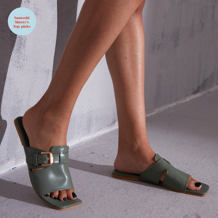 Aurora Designer Olive Green Open Toe Flats