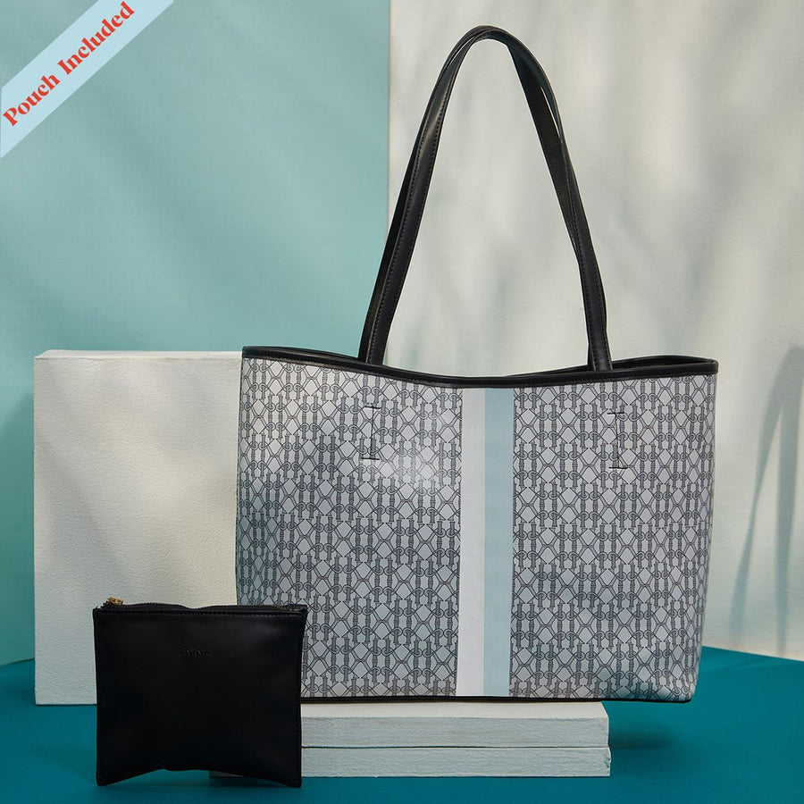 Alexis Grey and Blue Stripped Monogram Design Tote Bag