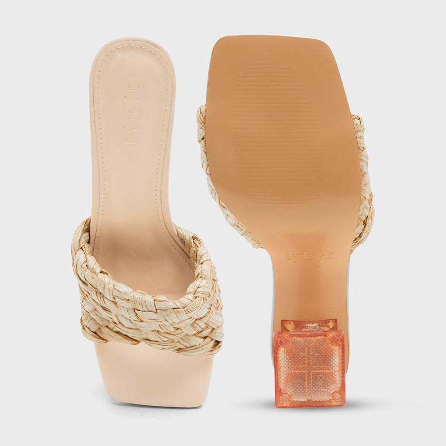 Summer Time Beige Straw Design Transparent Spool Heel