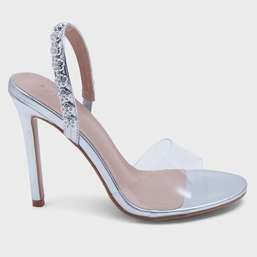 Julia Silver Embellished Slingback Transparent Stiletto Heel