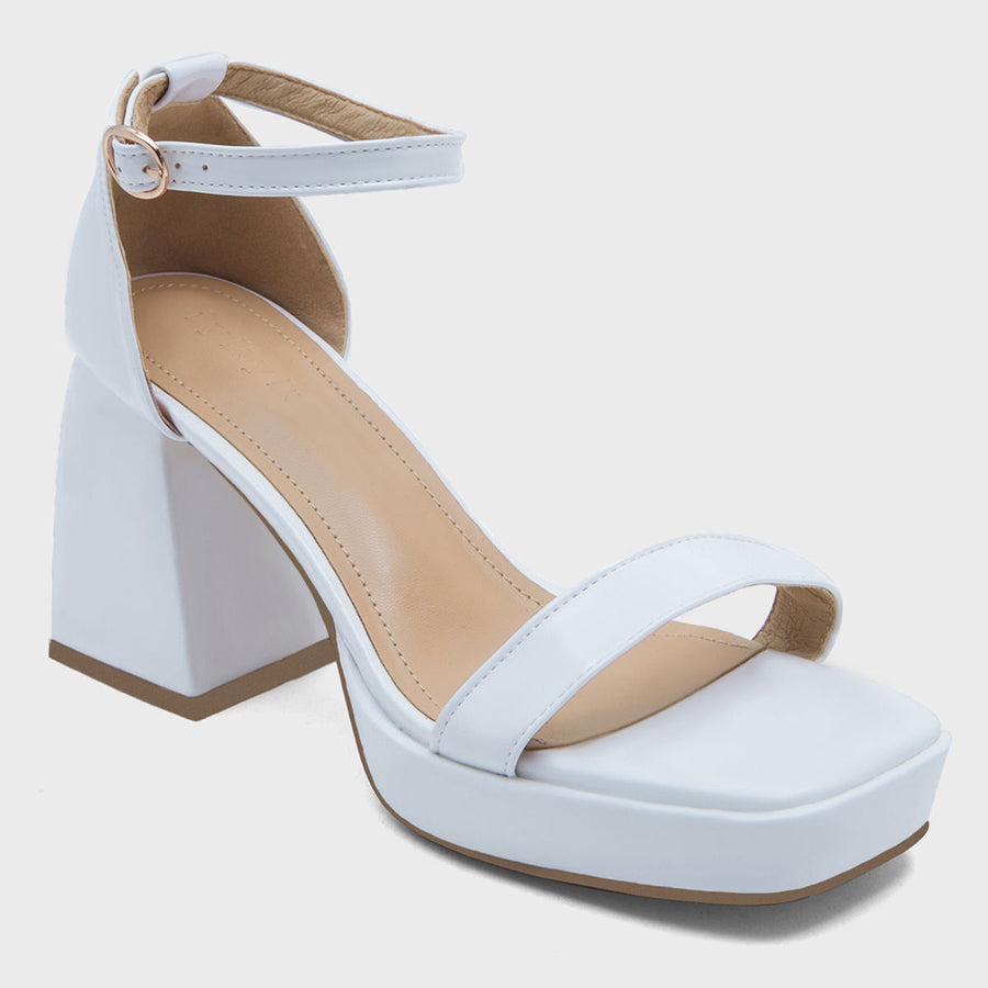 Off The Ramp White Ankle Strap Chunky Block Heel