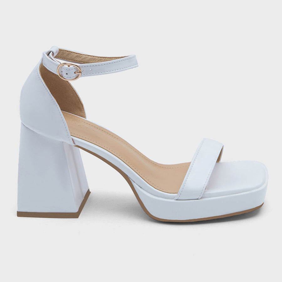 Off The Ramp White Ankle Strap Chunky Block Heel