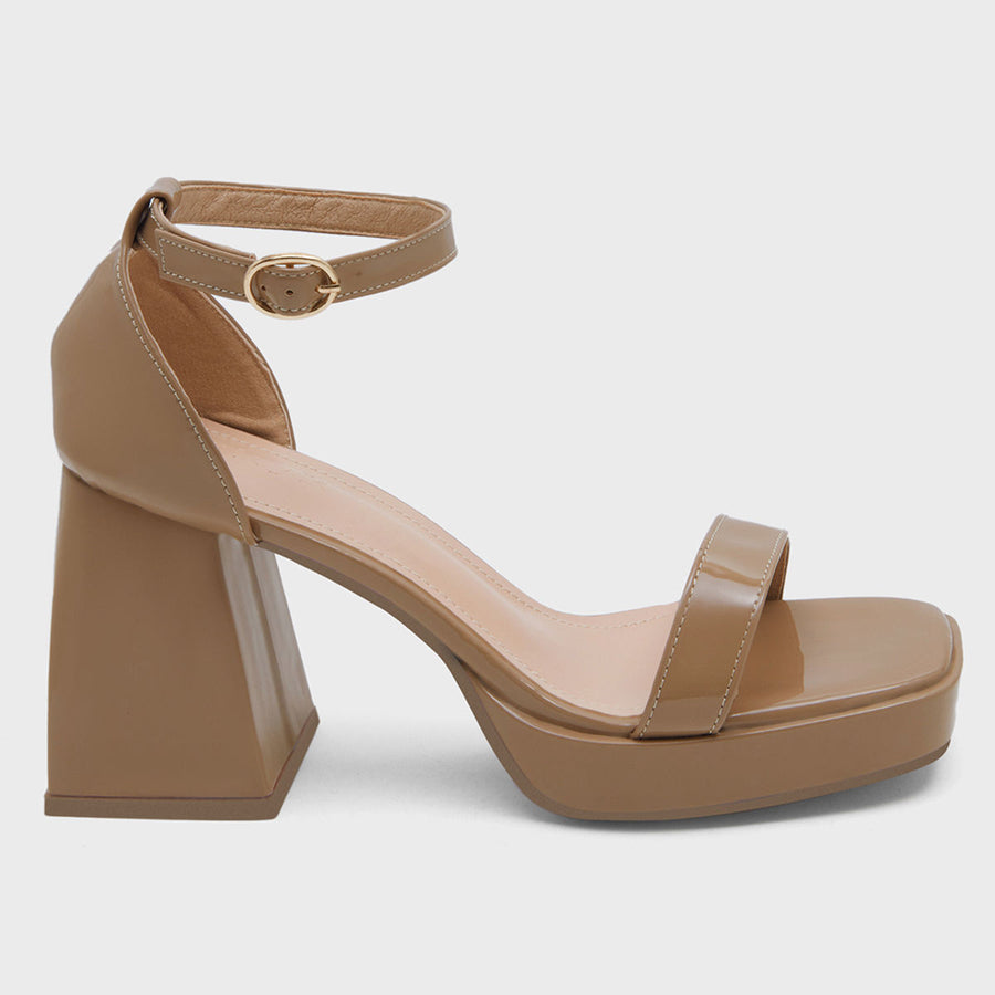 Off The Ramp Taupe Ankle Strap Chunky Block Heel