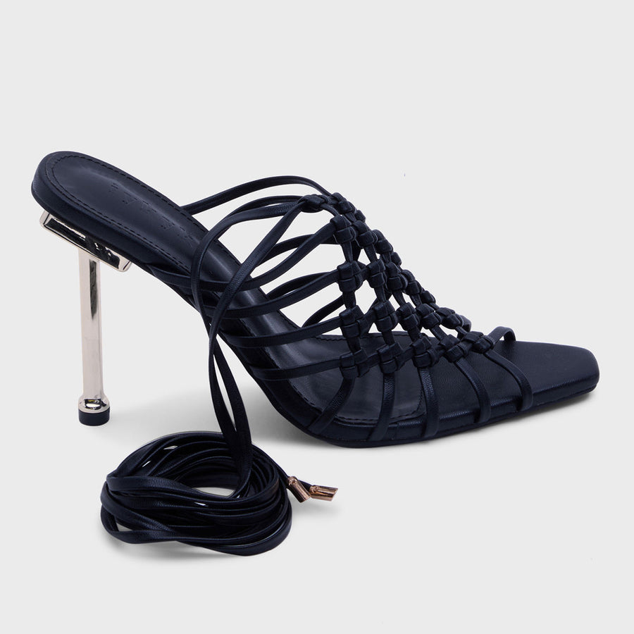 Bold Black Woven Strappy Stiletto Tie Up Heel