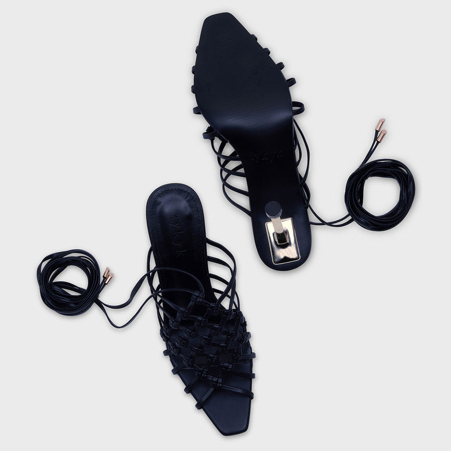 Bold Black Woven Strappy Stiletto Tie Up Heel